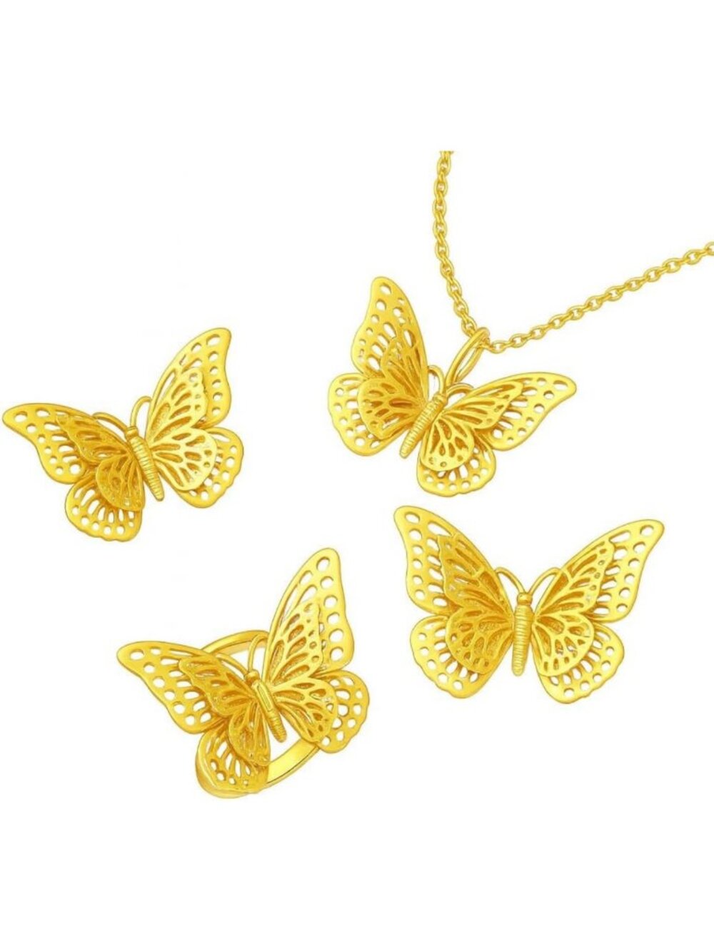 Elegant Gold Butterfly Jewelry Set - Necklace, Earrings & Adjustable Ring, 4